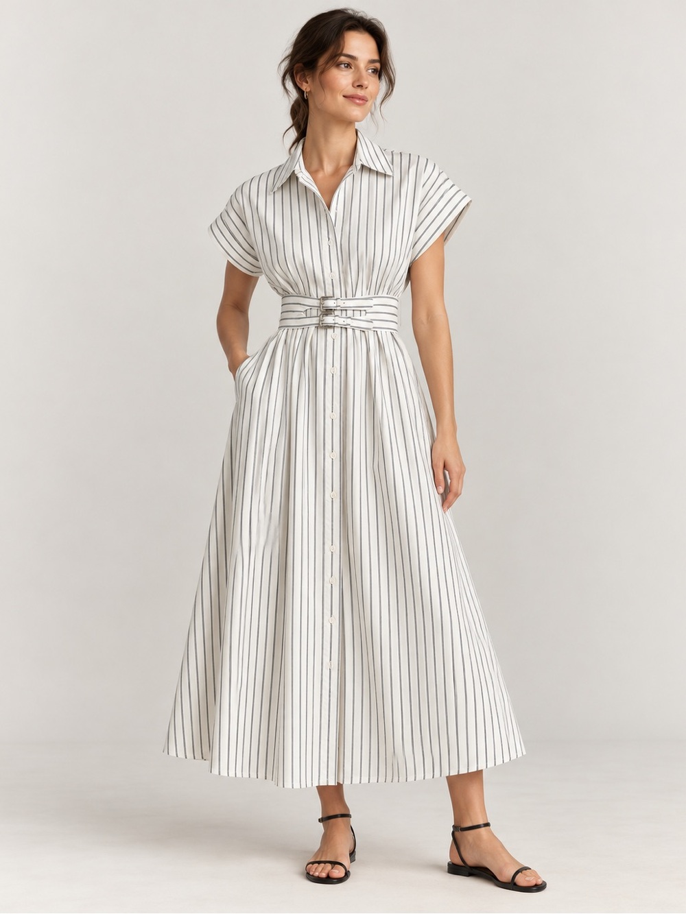 Anthropologie Exquise Tobie Double Buckle Striped Midi Dress SP